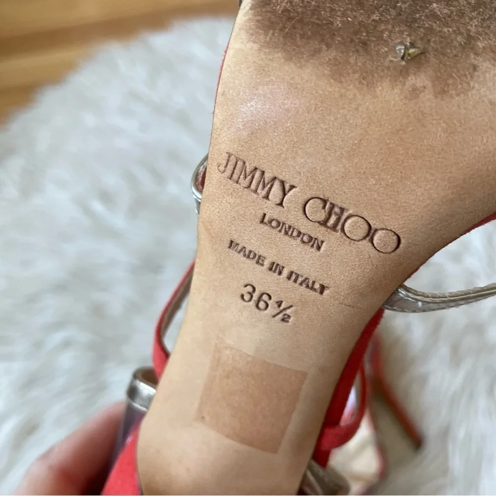 Jimmy Choo Red Multicolor Suede PVC Perspex Mai Tai Heeled Open Toe Sandals 36.5